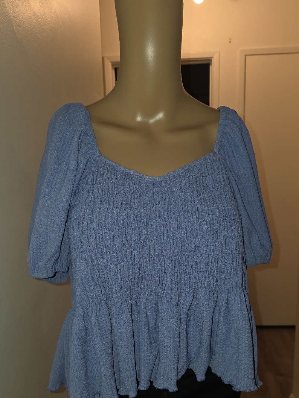 Nwt For Good Blue Smocked Peplum Puff-Sleeve Top